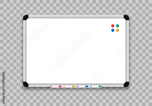 Realistic whiteboard. Office board with marker pens. Empty board with magnets. Mock up white magnetic board. Scool blackboard. Space for your text and design.