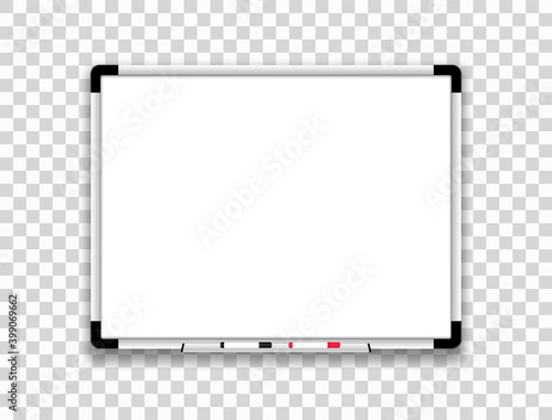 Realistic whiteboard. Office board with marker pens. Empty board. Mock up white magnetic board. Scool blackboard. Space for your text and design.