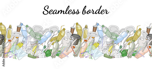 Different kinds of plastic garbage. Seamless pattern brush.