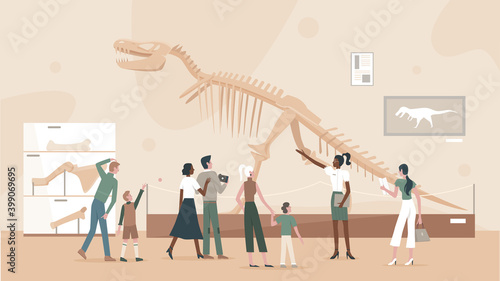 People in museum of paleontology vector illustration. Cartoon school teacher, student characters visiting dinosaurs archaeological exhibition, standing near tyrannosaurus skeleton exhibit background