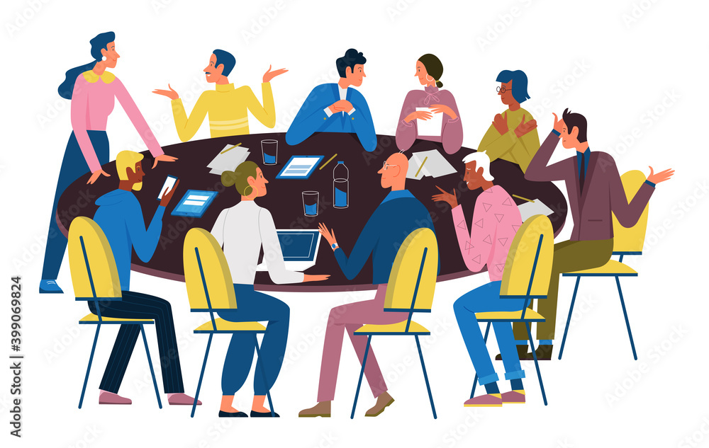 Business people negotiate at round table vector illustration. Cartoon  office meeting negotiation with corporate manager team of characters,  brainstorming discussion at conference isolated on white Stock Vector |  Adobe Stock