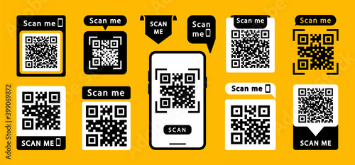 Set of QR codes with inscription scan me with smartphone. Scan qr code icon. Qr code for payment, mobile app and identification. Vector illustration.