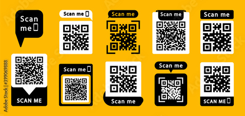 Set of QR codes with inscription scan me with smartphone. Scan qr code icon. Qr code for payment, mobile app and identification. Vector illustration.