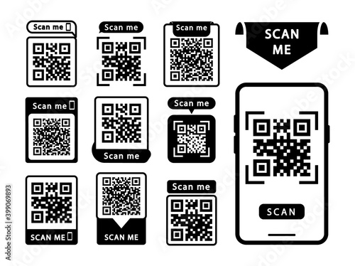 Set of QR codes with inscription scan me with smartphone. Scan qr code icon. Qr code for payment, mobile app and identification. Vector illustration.