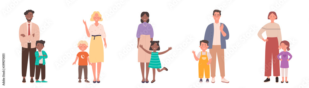 Family with kids vector illustration set. Cartoon parent people standing with children together, young father or mother with child son or daughter, happy parenthood, parental love isolated on white