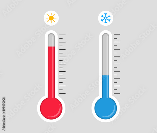 Thermometer with hot or cold temperature. Celsius meteorological thermometers for measure temperature. Forecast weather.