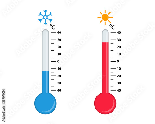 Thermometer with hot or cold temperature. Celsius meteorological thermometers for measure temperature. Forecast weather.