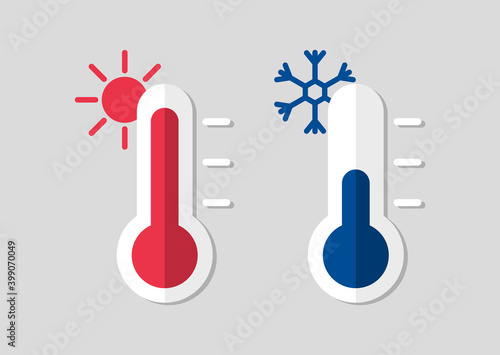 Thermometer with hot or cold temperature. Celsius meteorological thermometers for measure temperature. Weather flat icons.
