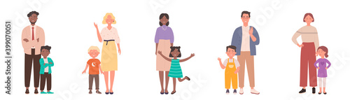 Family with kids vector illustration set. Cartoon parent people standing with children together, young father or mother with child son or daughter, happy parenthood, parental love isolated on white