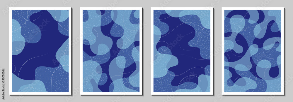 Set of Christmas blue templates for postcards, posters, banners, covers, winter greeting cards. Abstract vector backgrounds with organic shapes, lines in doodle style. Modern illustrations 