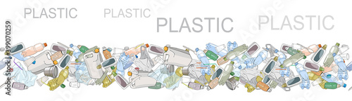 Seamless border with sorted plastic garbage isolated on white. Concept of Recycles Day, World Cleanup Day and ecology.