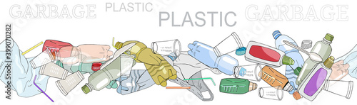 Seamless border with sorted plastic garbage isolated on white. Concept of Recycles Day, World Cleanup Day and ecology.
