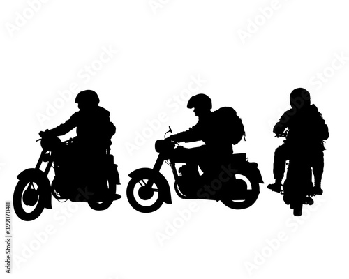 Man in protective clothing rides a retro bike. Isolated silhouette on a white background