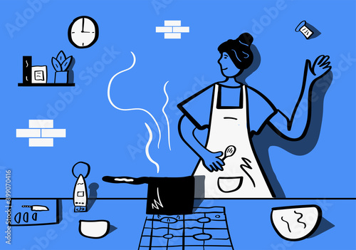 Female prepare vegetable and cooking food in kitchen with knife and ingredients vector illustration design. The person with a spoon wathes the nutrition at home on blue background. Hand drawn vector