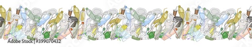 Seamless border with sorted plastic garbage isolated on white. Concept of Recycles Day, World Cleanup Day and ecology.