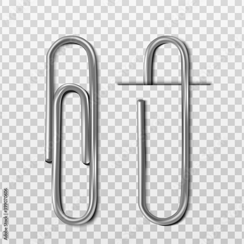 Two 3d realistic vector metal paper clips, with and without paper. Isolated on white background.