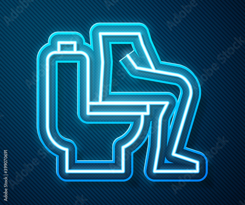 Glowing neon line Men sitting on the toilet and Constipation are experiencing severe abdominal pain icon isolated on blue background. Vector.