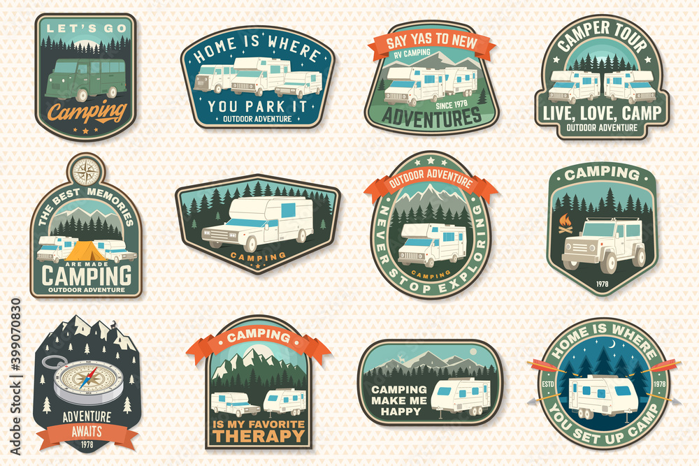 Set of rv camping badges, patches. Vector Concept for shirt or logo, print, stamp or tee. Vintage typography design with RV Motorhome, camping trailer and off-road car silhouette.