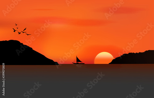 graphics image the sea with silhouette twilight is a sunset on the sea with mountain and boat, design vector illustration