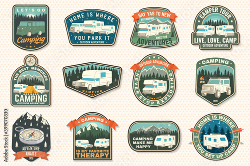 Set of rv camping badges, patches. Vector Concept for shirt or logo, print, stamp or tee. Vintage typography design with RV Motorhome, camping trailer and off-road car silhouette.