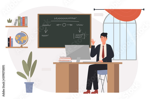 Teacher man working in blackboard class vector illustration. Cartoon male school or college teacher character sitting at table with laptop and waving in classroom chalkboard interior isolated on white