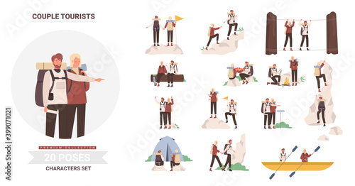 People tourists poses vector illustration set. Cartoon man woman couple travelers hiking, camping, kayaking and climbing, young camper characters enjoy tourism adventures together isolated on white