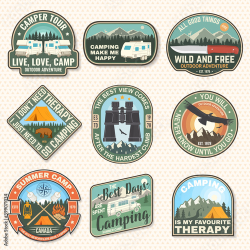 Set of rv camping badges, patches. Vector. Concept for shirt or logo, print, stamp or tee. Vintage typography design with RV Motorhome, camping trailer and off-road car silhouette.