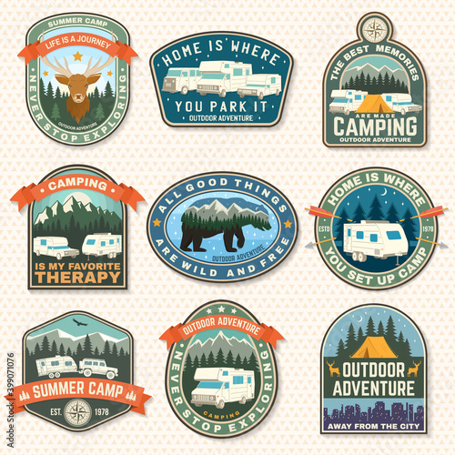 Set of rv camping badges, patches. Vector. Concept for shirt or logo, print, stamp or tee. Vintage typography design with RV Motorhome, camping trailer and off-road car silhouette.