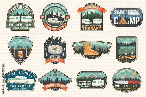 Set of rv camping badges, patches. Vector. Concept for shirt or logo, print, stamp or tee. Vintage typography design with RV Motorhome, camping trailer and off-road car silhouette.