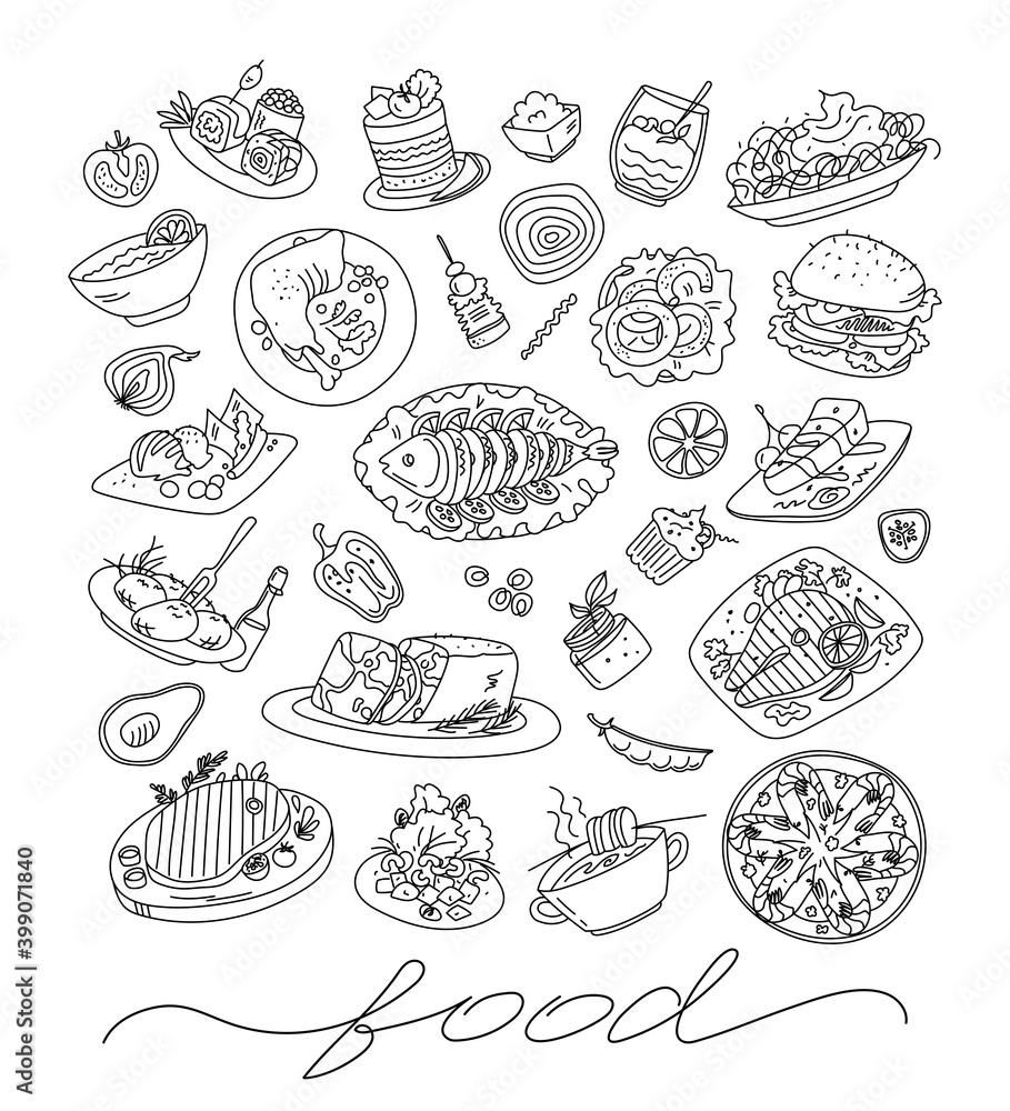 Hand drawn set of restaurant and cafe food doodle with lettering in vector Hand drawn set of restaurant and cafe food doodle with lettering in vector
