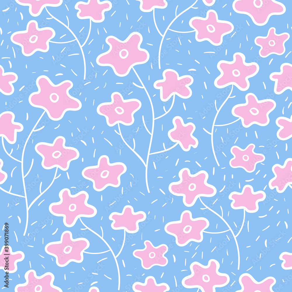 Vector seamless pattern with abstract blooming flowers on blue background. Design for textile or wallpaper.