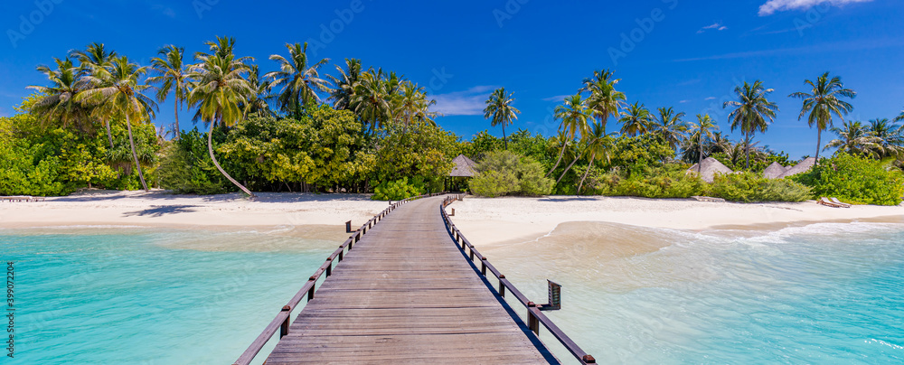 Maldives island beach. Tropical landscape of summer scenery, white sand with palm trees. Luxury travel vacation destination. Amazing beach landscape, jetty over stunning blue lagoon, idyllic nature - obrazy, fototapety, plakaty 