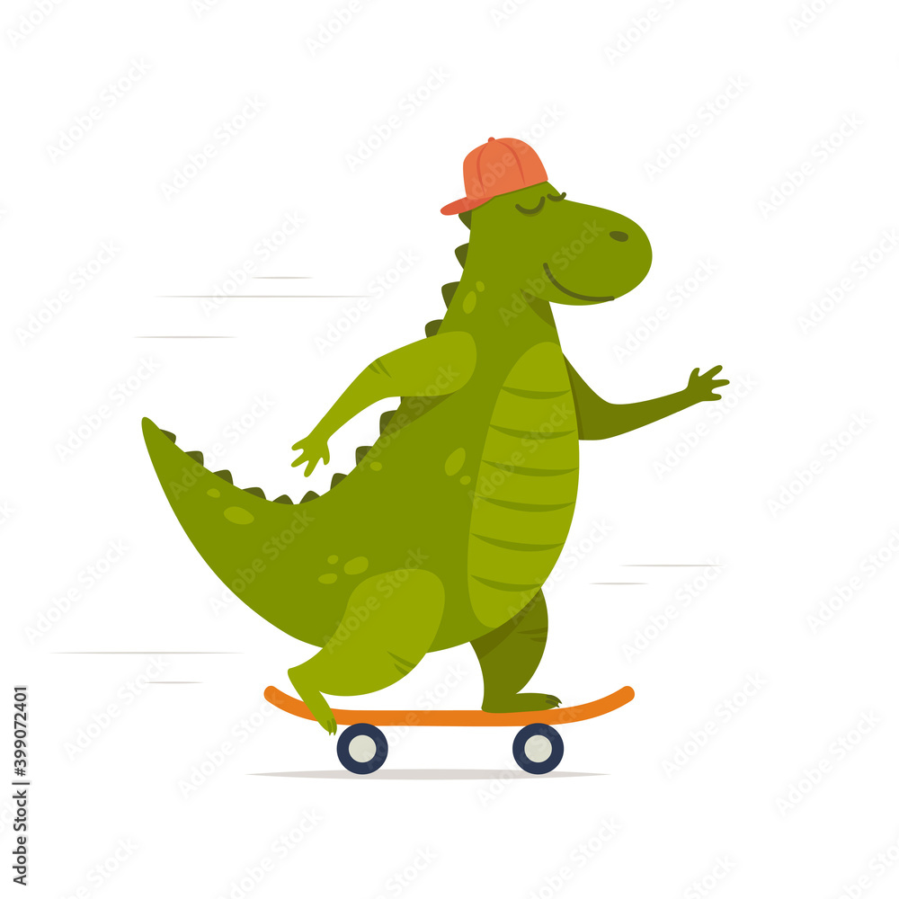 Fototapeta premium Cute dinosaur rides on skateboard. Tyrannosaur skateboarder. Kids print with dino. Vector illustration for print, clothes, greeting card, children's room decor.