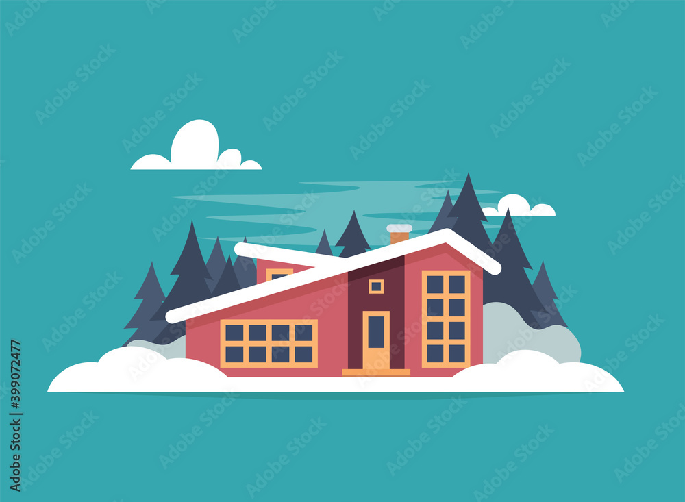 Winter mountain landscape with big house for tourists. Winter holidays in the mountains, ski resorts, house rentals. Vector flat illustration.
