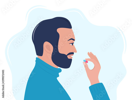 Man taking a pill in to his mouth. Man holds a pill in his hand and intends to take it. Medication treatment, pharmacy and medicine, concept vector illustration.