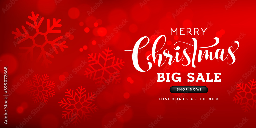 Merry Christmas sale lettering greeting card, design on snowflake and bokeh red background, Eps 10 vector illustration