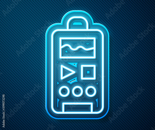 Glowing neon line Dictaphone icon isolated on blue background. Voice recorder. Vector.