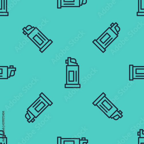 Black line Pepper spray icon isolated seamless pattern on green background. OC gas. Capsicum self defense aerosol. Vector.