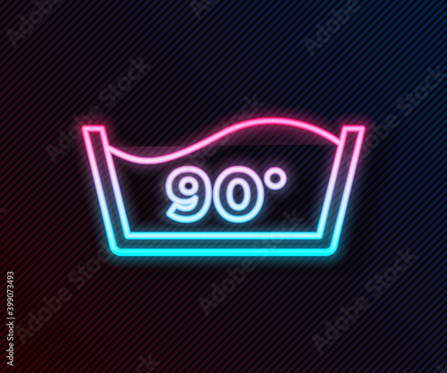 Glowing neon line Washing under 90 degrees celsius icon isolated on black background. Temperature wash. Vector.