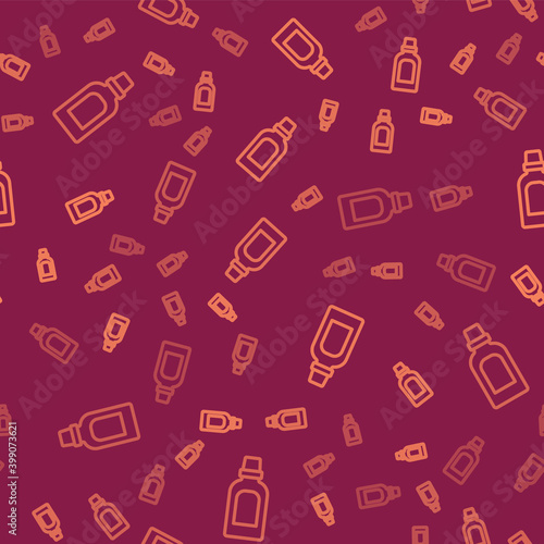 Brown line Plastic bottle for laundry detergent, bleach, dishwashing liquid or another cleaning agent icon isolated seamless pattern on red background. Vector.