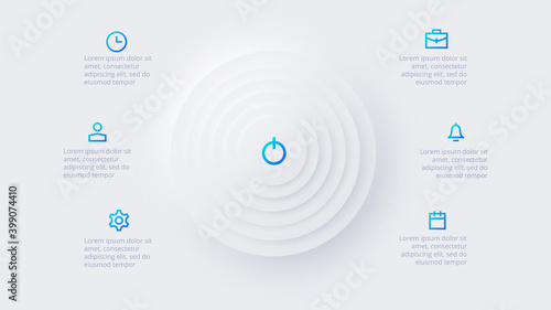 Neumorphic circle element for infographic. Template for diagram, graph, presentation and chart. Skeuomorph concept with 6 options, parts, steps or processes photo