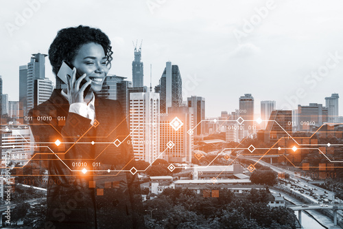 Photography Attractive black businesswoman developer having conference call to protect clients confidential information by inventing solutions
