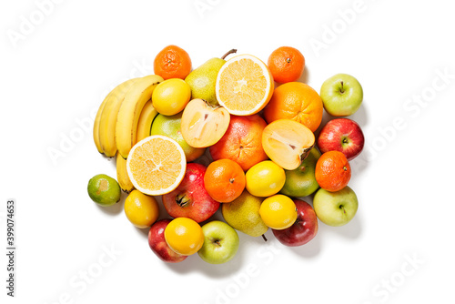 Assortment of fresh exotic fruits isolated on white.top view	
