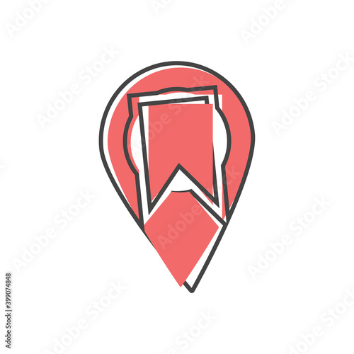 Vector pin and bookmark icon on cartoon style on white isolated background.