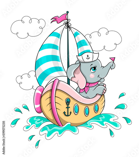 Vector illustration of a cute baby elephant mariner, sailing on a sailboat. Cartoon vector illustration