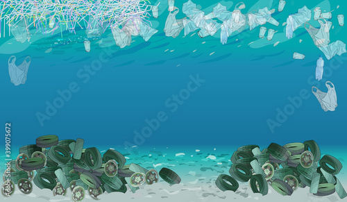 Template with different kinds of garbage, bags, wastes, plastic straws and plastic utensils in the ocean or sea.