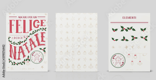 Christmas greeting card. Vector Illustrations postcard with lettering calligraphy, decorative ornament elements and pattern. DIN A6