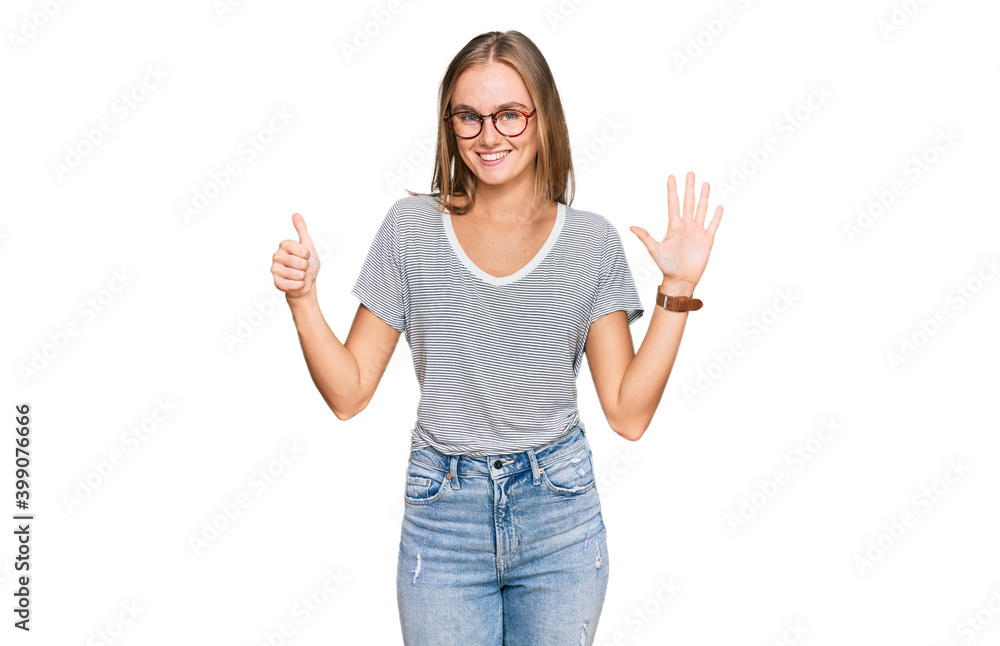 Beautiful young blonde woman wearing casual clothes and glasses showing and pointing up with fingers number six while smiling confident and happy. Beautiful young blonde woman wearing casual clothes and glasses showing and pointing up with fingers number six while smiling confident and happy.