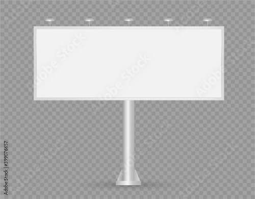 Blank Billboard. Vector 3d realistic. Empty billboard with illumination isolated on transparent background. Big wide banner for advertising. Screen for presentation and design. Mockup. Front view. 