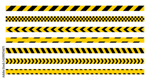 Warning yellow tape set. Stripes borders. Danger, caution, police stripes. Seamless ribbons barricade.